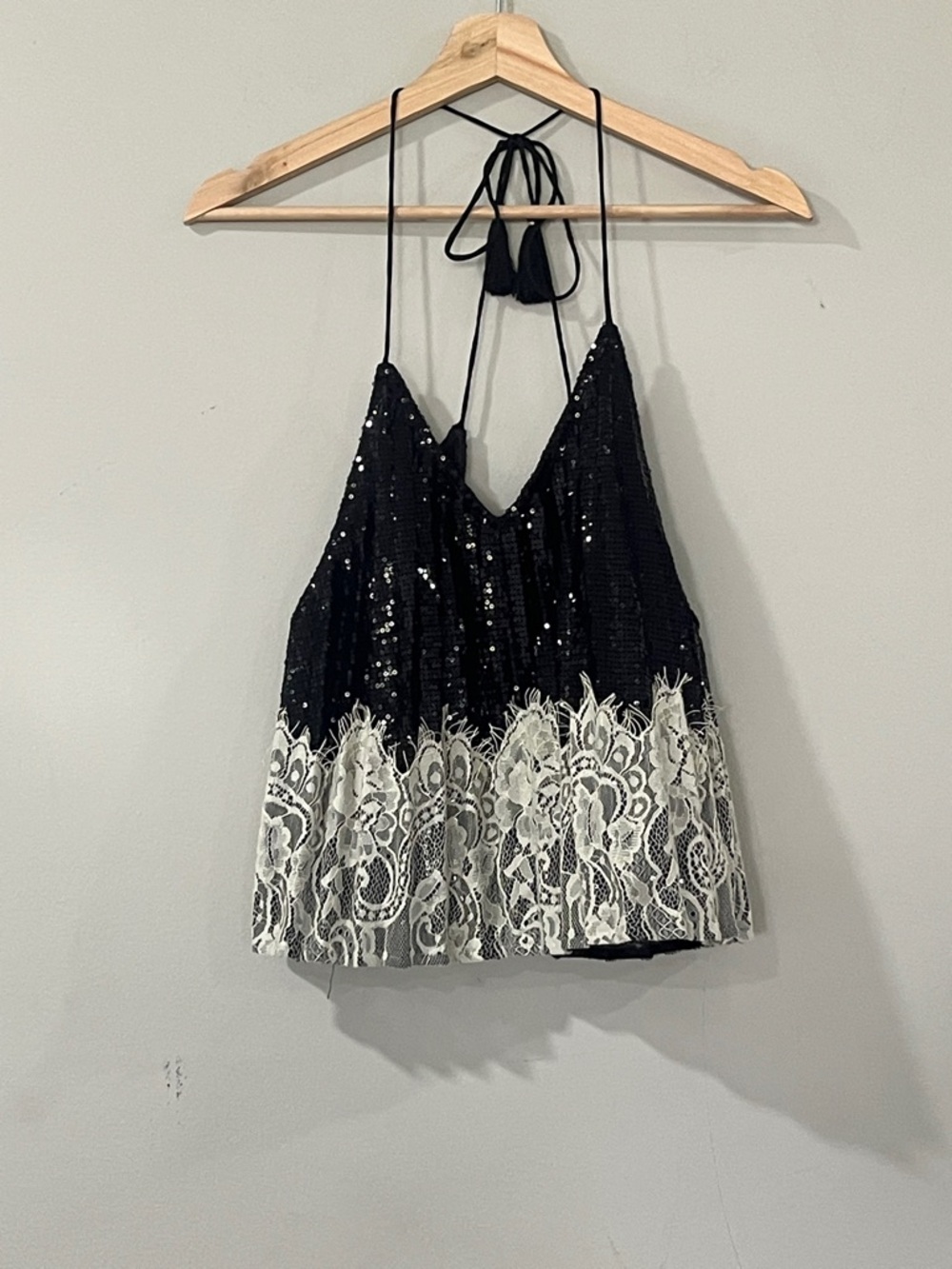 FLANNEL Black Sequin Halter Cami with Cream Lace Hem